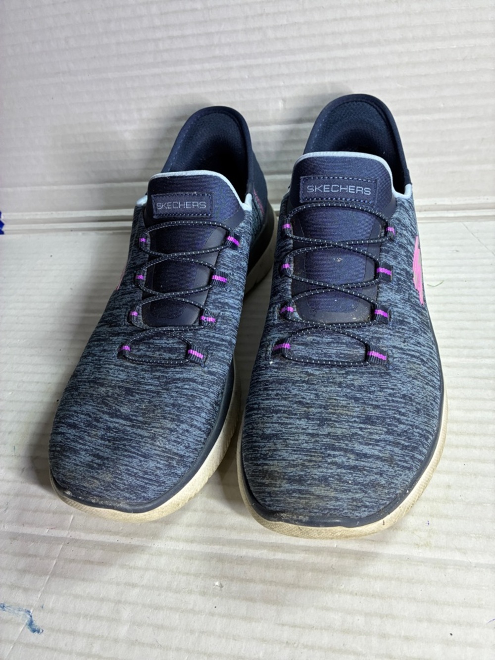 Skechers Gray Knit Slip-On Sneakers with Pink Accents USED
